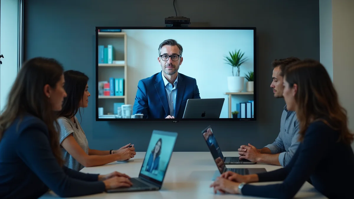 Equipe de uma empresa de serviços em videochamada com um cliente do exterior, numa empresa do Rio Grande do Sul: nota fiscal de exportação de serviços