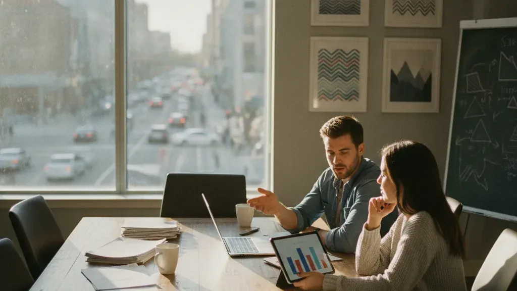 Sócio de transportadora e diretor financeiro analisando relatórios contábeis na mesa do escritório durante o planejamento previdenciário para sócios.