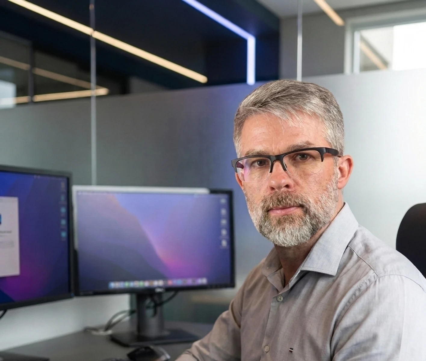 Adauto Miguel Fröhlich à mesa com dois monitores, na rotina de BPO financeiro