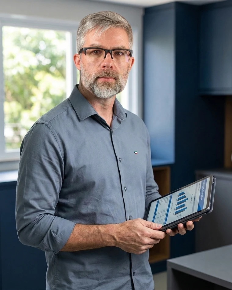 Adauto Miguel Fröhlich, sócio fundador da Acessus Contabilidade, confere um relatório de custo de produção no tablet