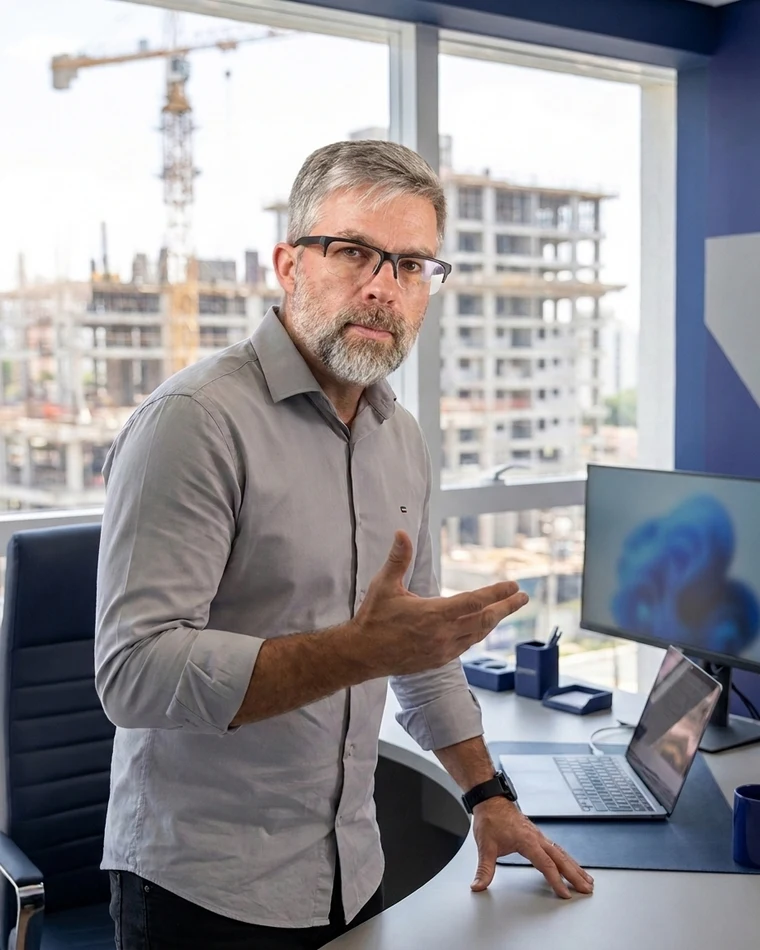Adauto Miguel Fröhlich, sócio fundador da Acessus Contabilidade, explicando um ponto, com uma obra e um guindaste ao fundo