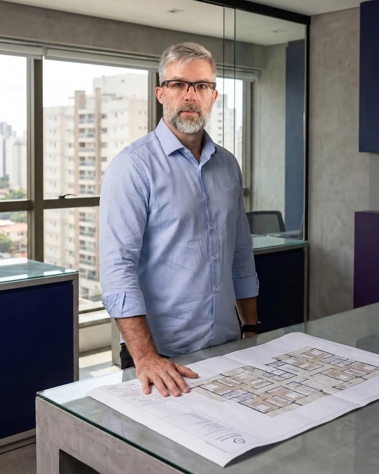 Adauto Miguel Fröhlich, sócio fundador da Acessus Contabilidade, com a mão sobre a planta de um apartamento, prédios residenciais ao fundo