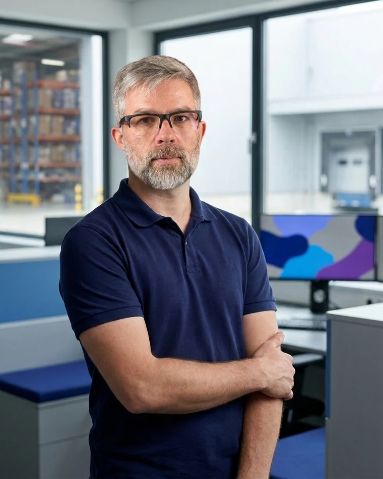Adauto Miguel Fröhlich, sócio fundador da Acessus Contabilidade, de braços cruzados, com um armazém de porta-paletes ao fundo