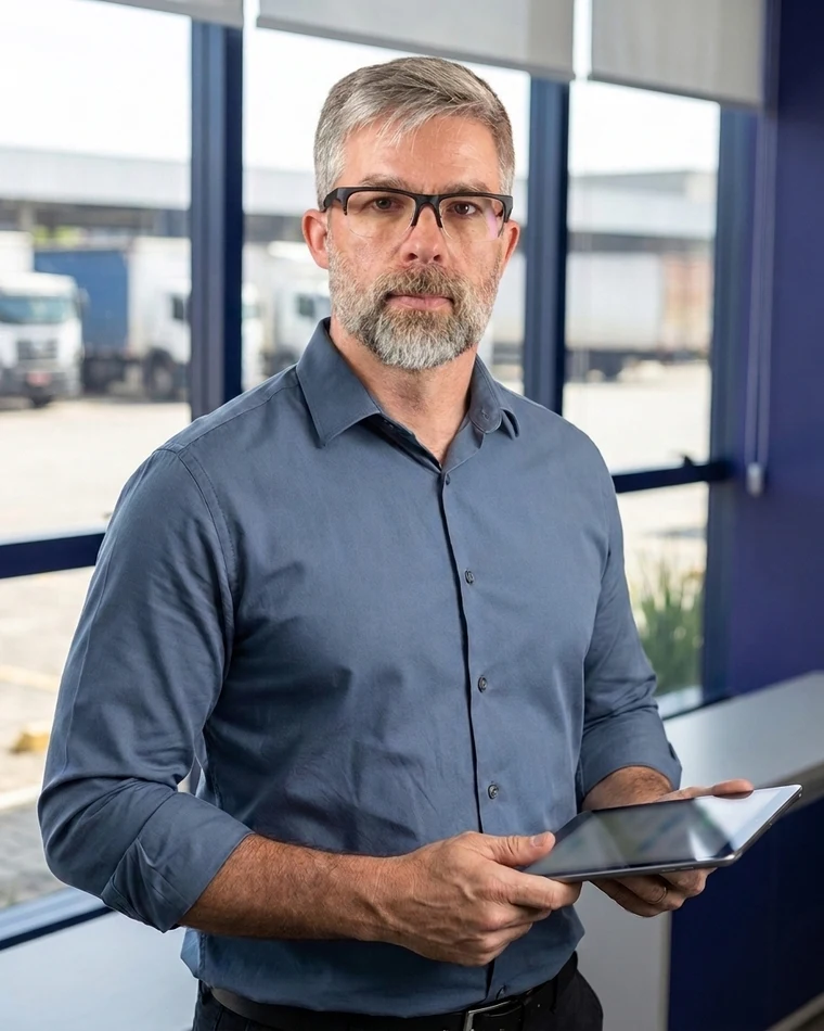 Adauto Miguel Fröhlich, sócio fundador da Acessus Contabilidade, com um tablet na mão e caminhões ao fundo